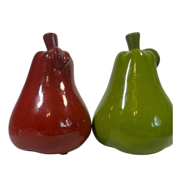 Set Of 2 Pear-Shaped Ceramic Figurines 7" Bright Green & Red Fruit Cottage Core - Picture 1 of 7